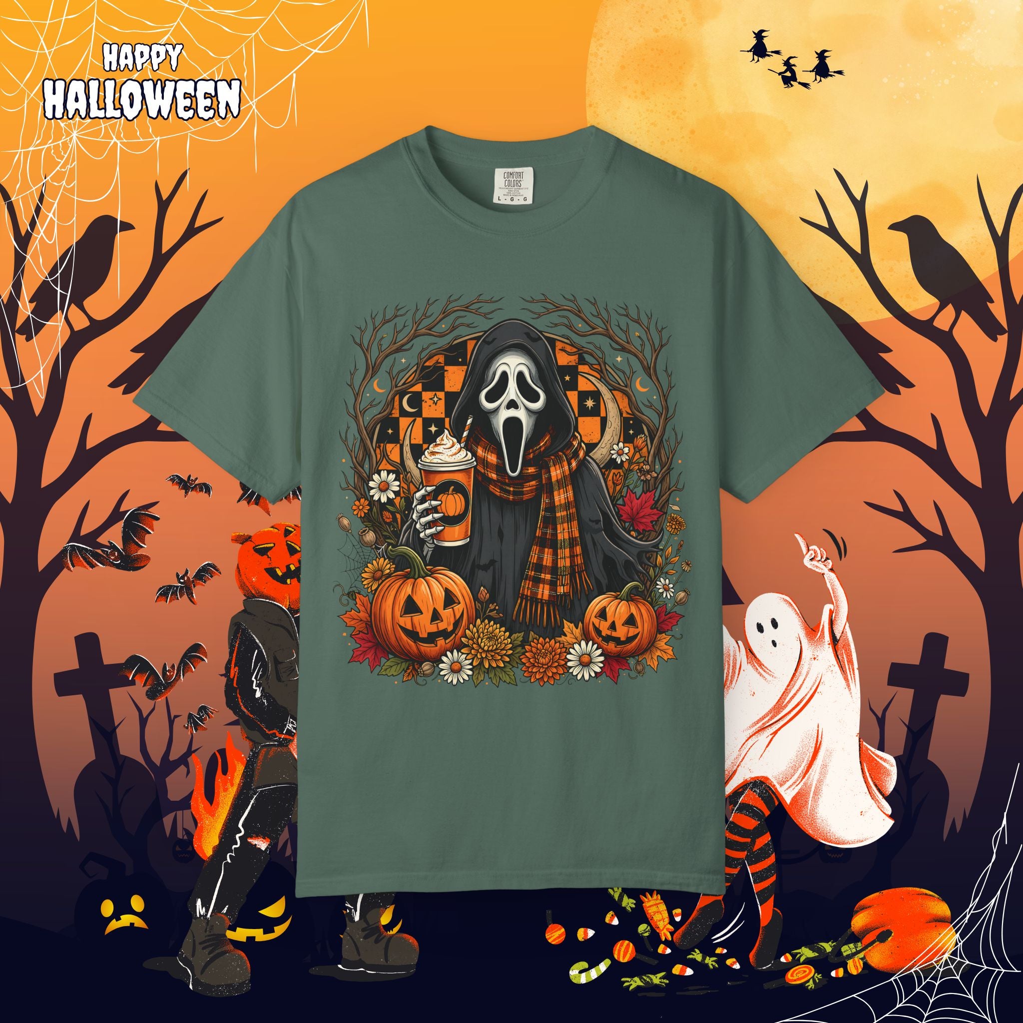Halloween Ghost Face Pumpkin T-Shirt - Cozy Fall Horror Graphic Tee
