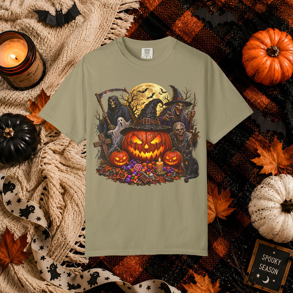Halloween Pumpkin Horror T-Shirt – Spooky Jack-o'-Lantern & Grim Reaper Design