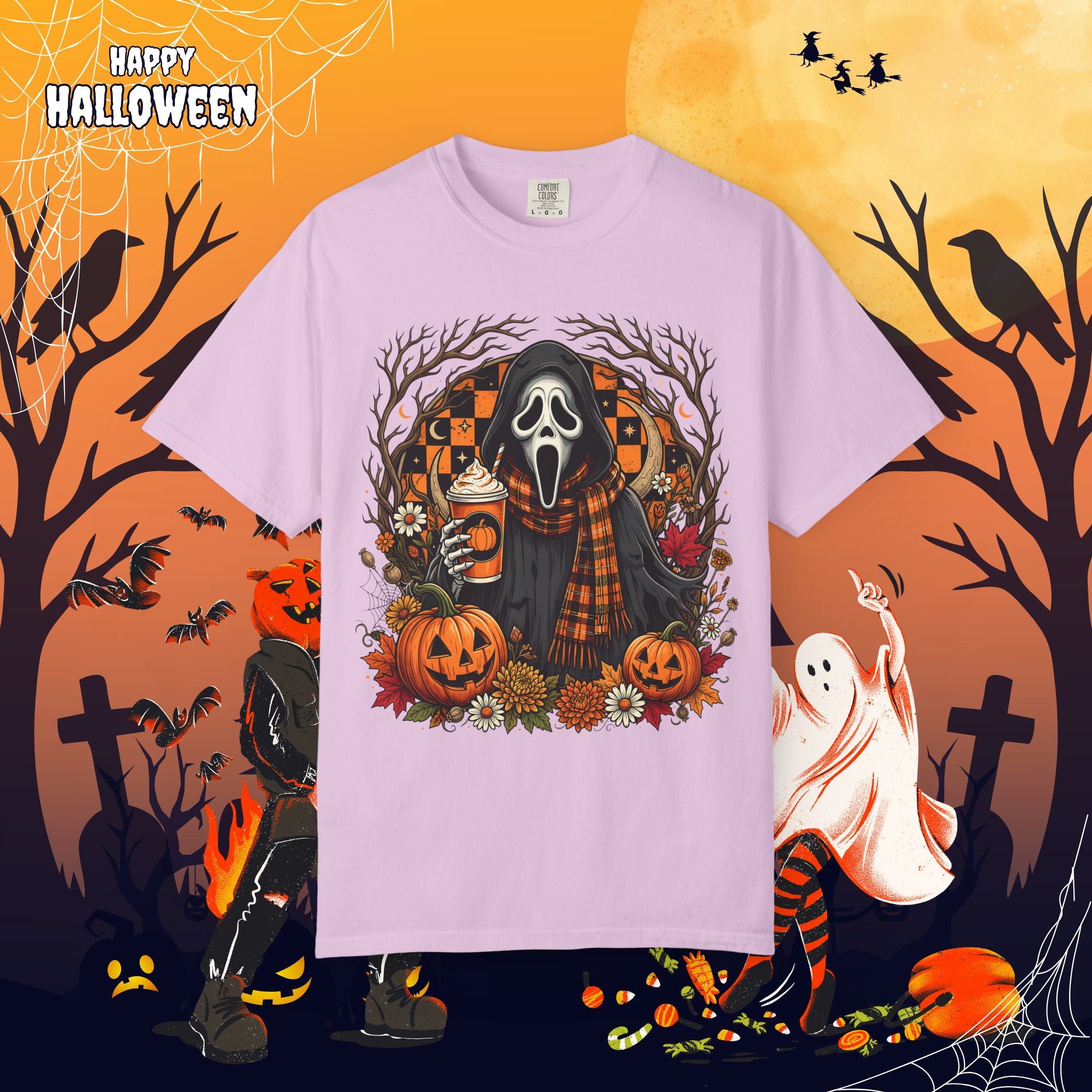Halloween Ghost Face Pumpkin T-Shirt - Cozy Fall Horror Graphic Tee