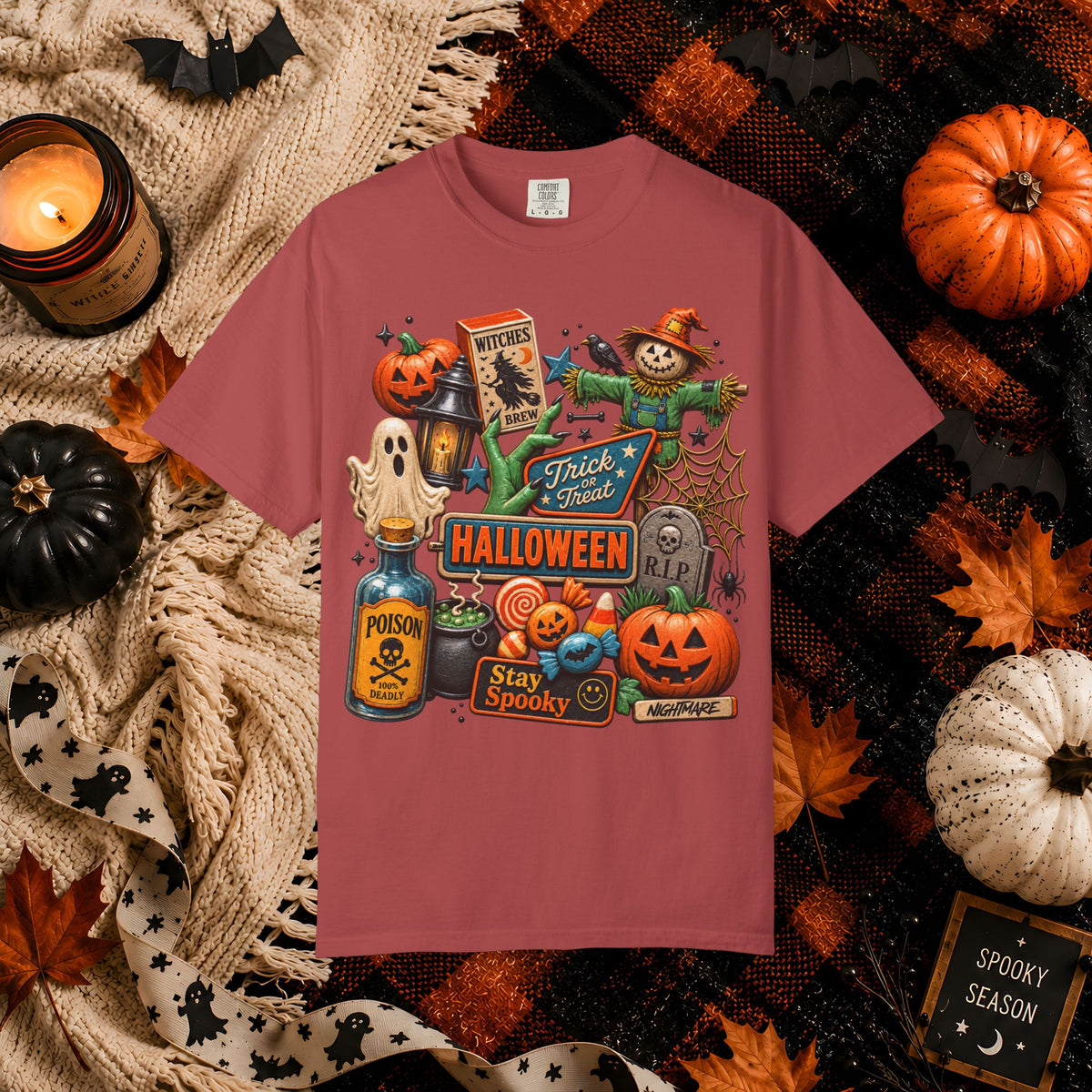 Halloween Collage T-Shirt — Trick or Treat Pumpkins, Scarecrow & Spooky Signs