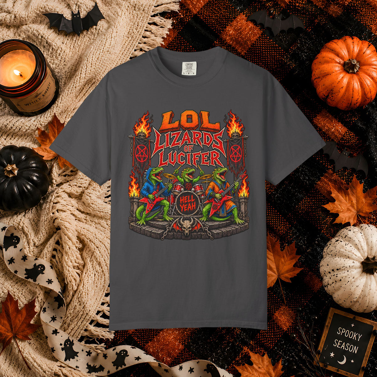 Lol Lizards Lucifer Graphic T-Shirt — Retro Heavy Metal Halloween Tee