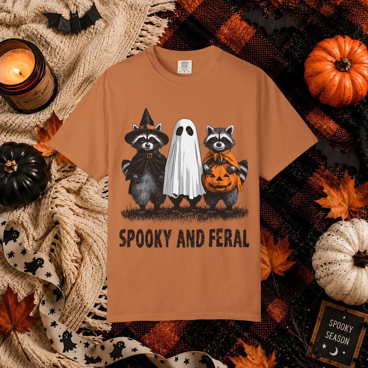 Spooky and Feral Halloween T-Shirt — Raccoon Ghost Pumpkin Costume Tee