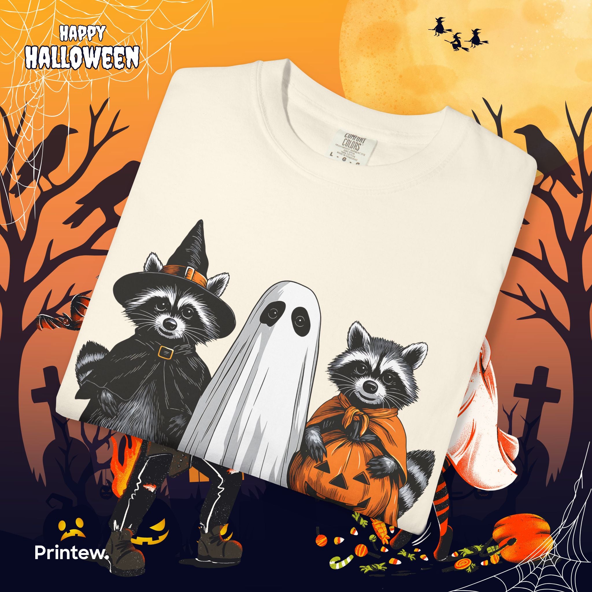 Spooky and Feral Halloween T-Shirt — Raccoon Ghost Pumpkin Costume Tee