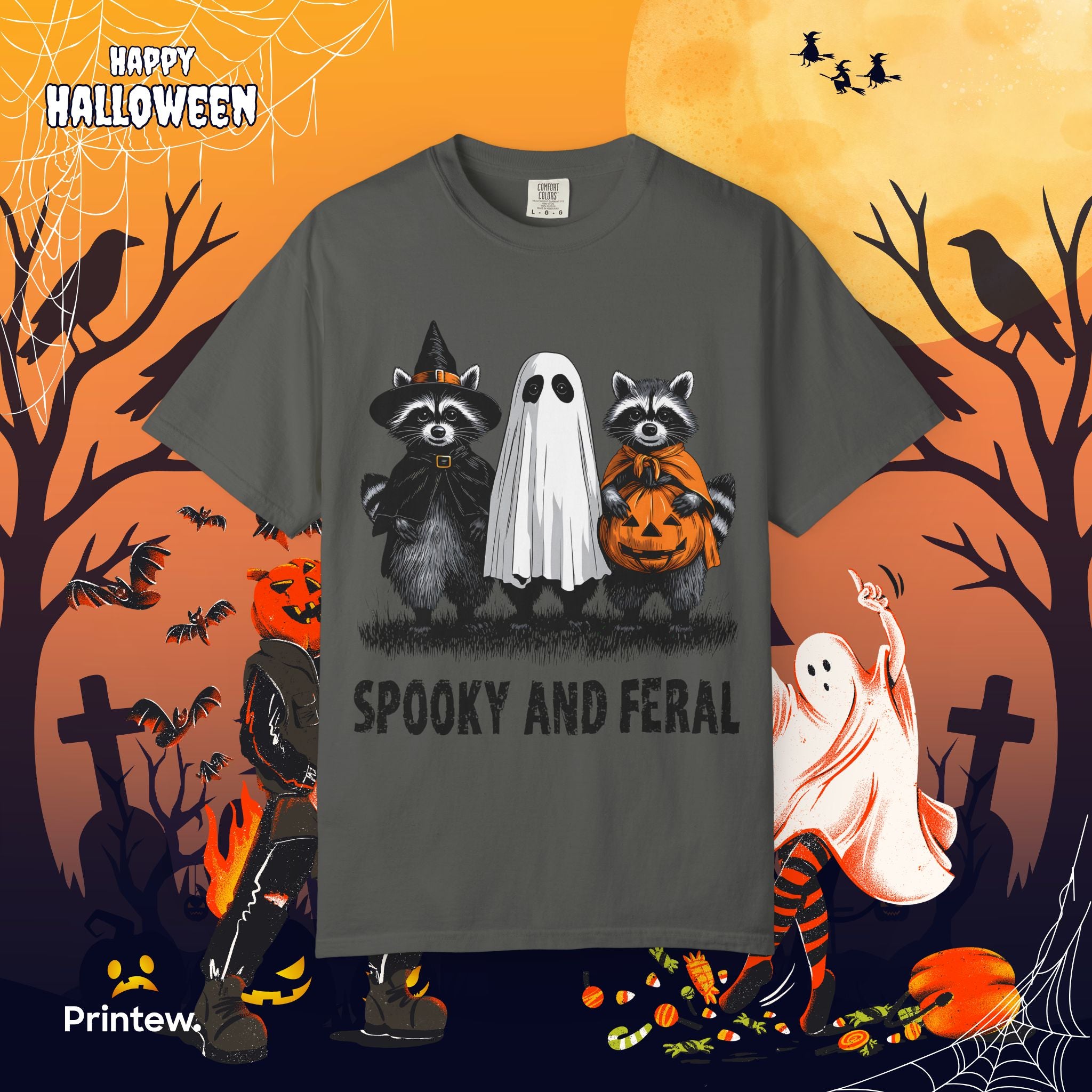 Spooky and Feral Halloween T-Shirt — Raccoon Ghost Pumpkin Costume Tee