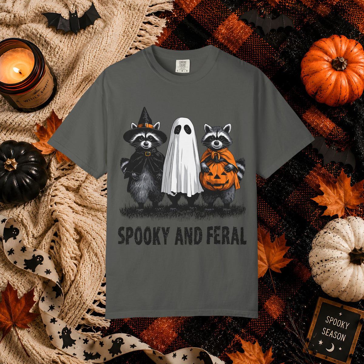 Spooky and Feral Halloween T-Shirt — Raccoon Ghost Pumpkin Costume Tee