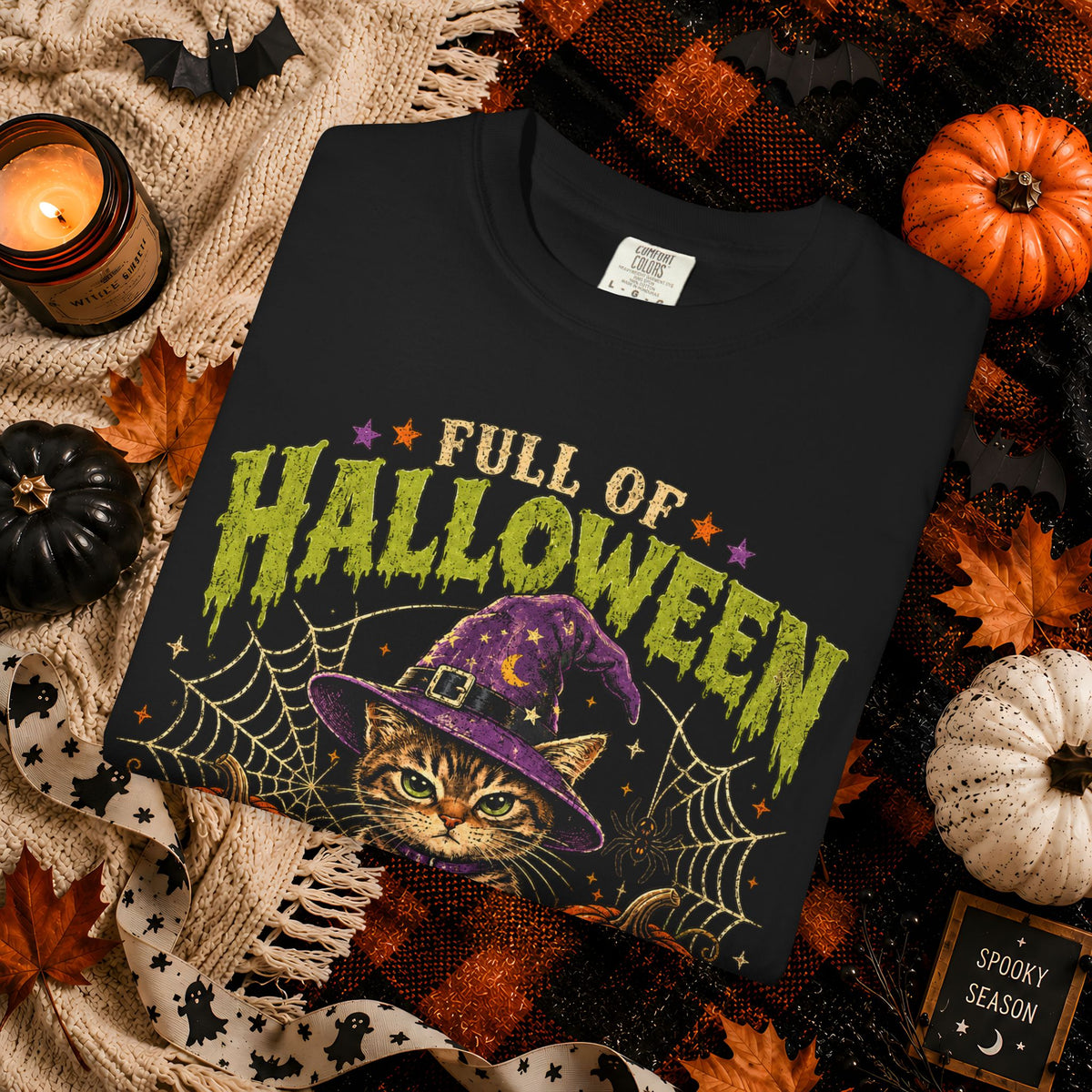Halloween Cat T-Shirt — "Full of Halloween, Spirit and Female Rage" Pumpkin Witch Tee