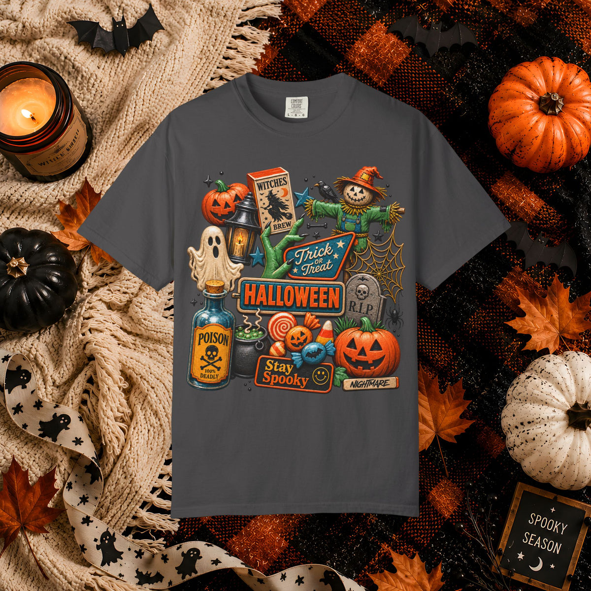 Halloween Collage T-Shirt — Trick or Treat Pumpkins, Scarecrow & Spooky Signs