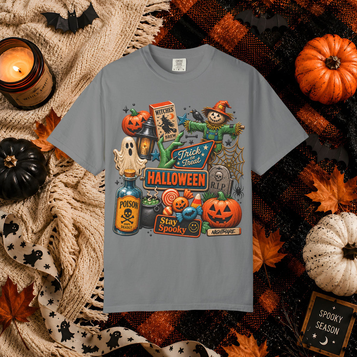 Halloween Collage T-Shirt — Trick or Treat Pumpkins, Scarecrow & Spooky Signs