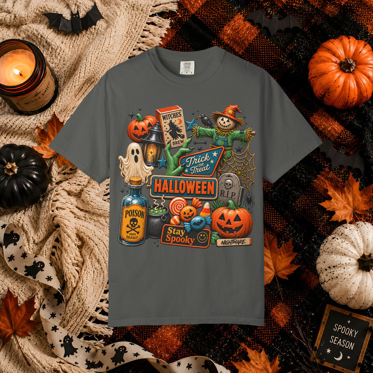 Halloween Collage T-Shirt — Trick or Treat Pumpkins, Scarecrow & Spooky Signs