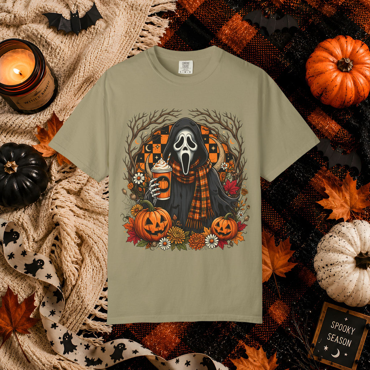 Halloween Scream Mask T-Shirt — Pumpkin, Plaid Scarf & Spooky Coffee Graphic