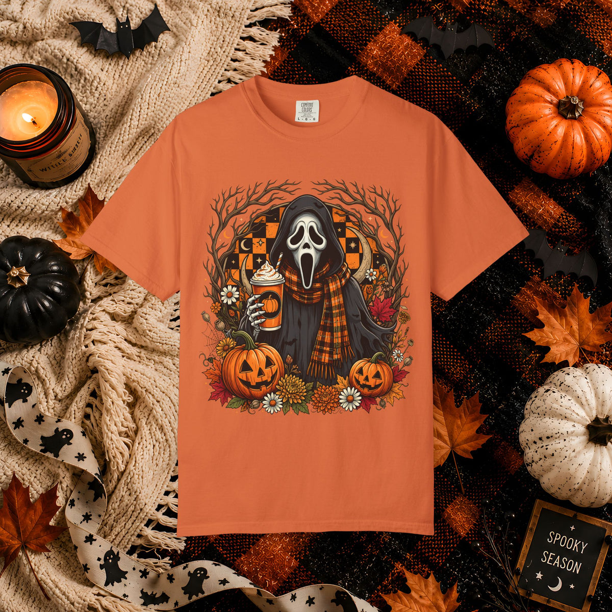 Halloween Scream Mask T-Shirt — Pumpkin, Plaid Scarf & Spooky Coffee Graphic