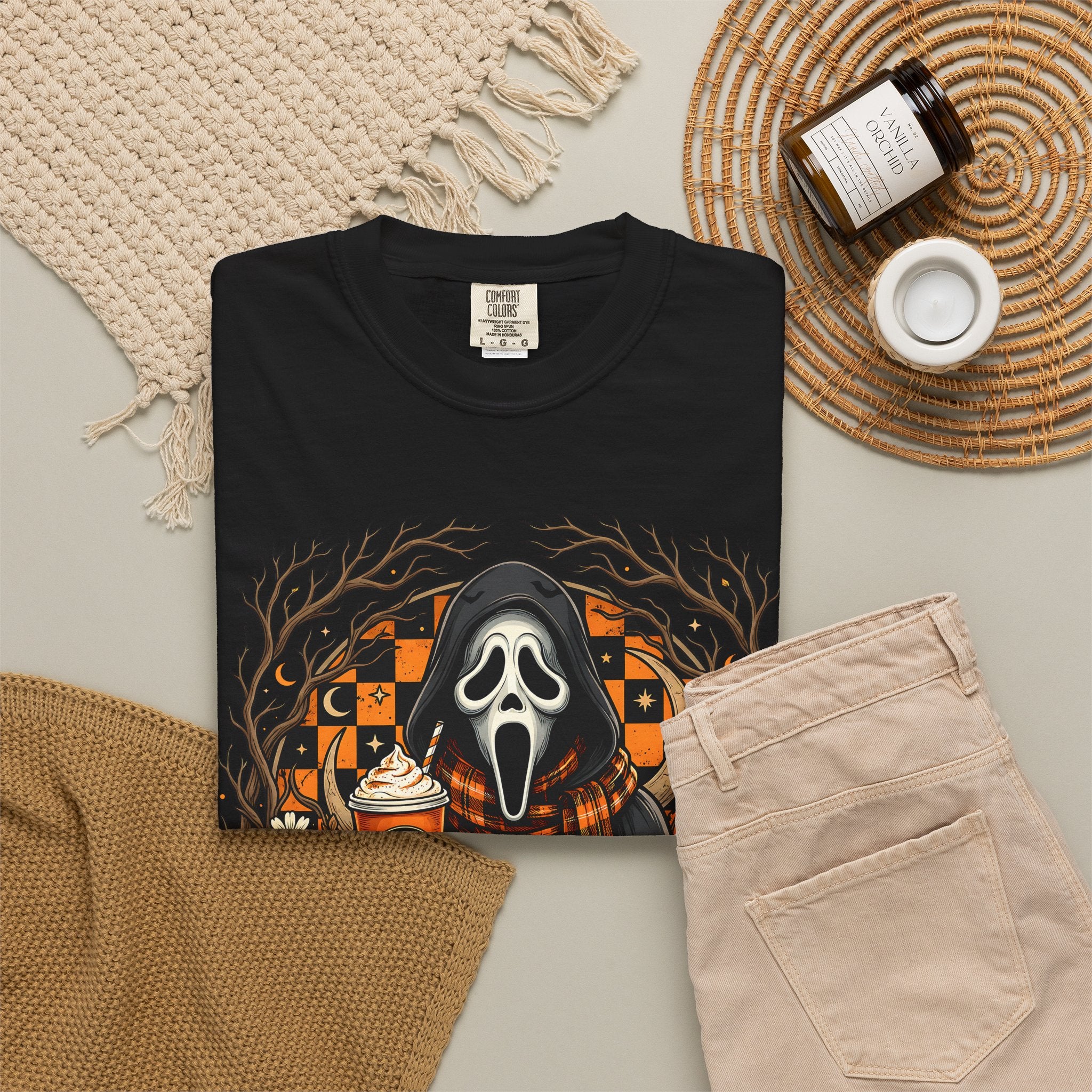 Halloween Ghost Face Pumpkin T-Shirt - Cozy Fall Horror Graphic Tee