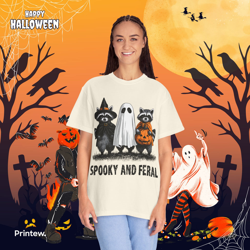Spooky and Feral Halloween T-Shirt — Raccoon Ghost Pumpkin Costume Tee