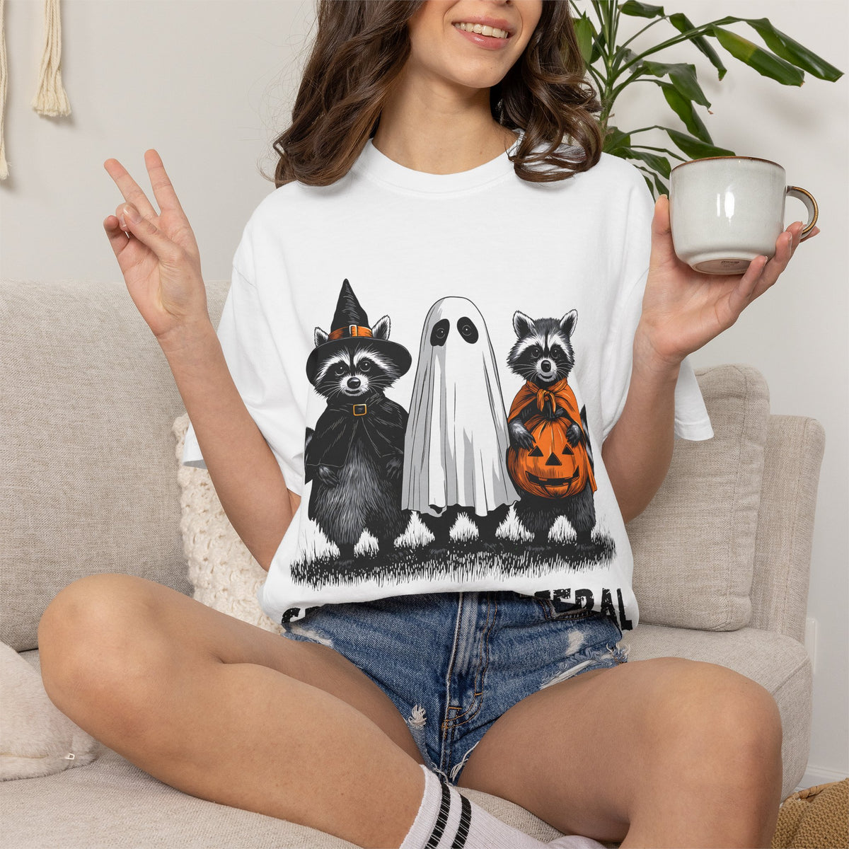 Spooky and Feral Halloween T-Shirt — Raccoon Ghost Pumpkin Costume Tee