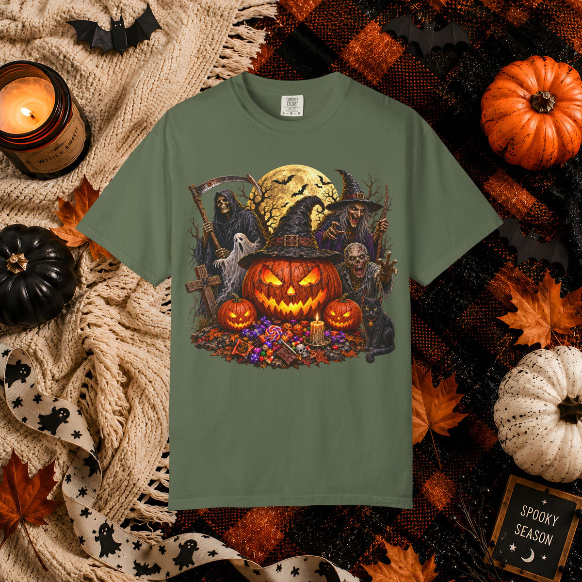 Halloween Pumpkin Horror T-Shirt – Spooky Jack-o'-Lantern & Grim Reaper Design