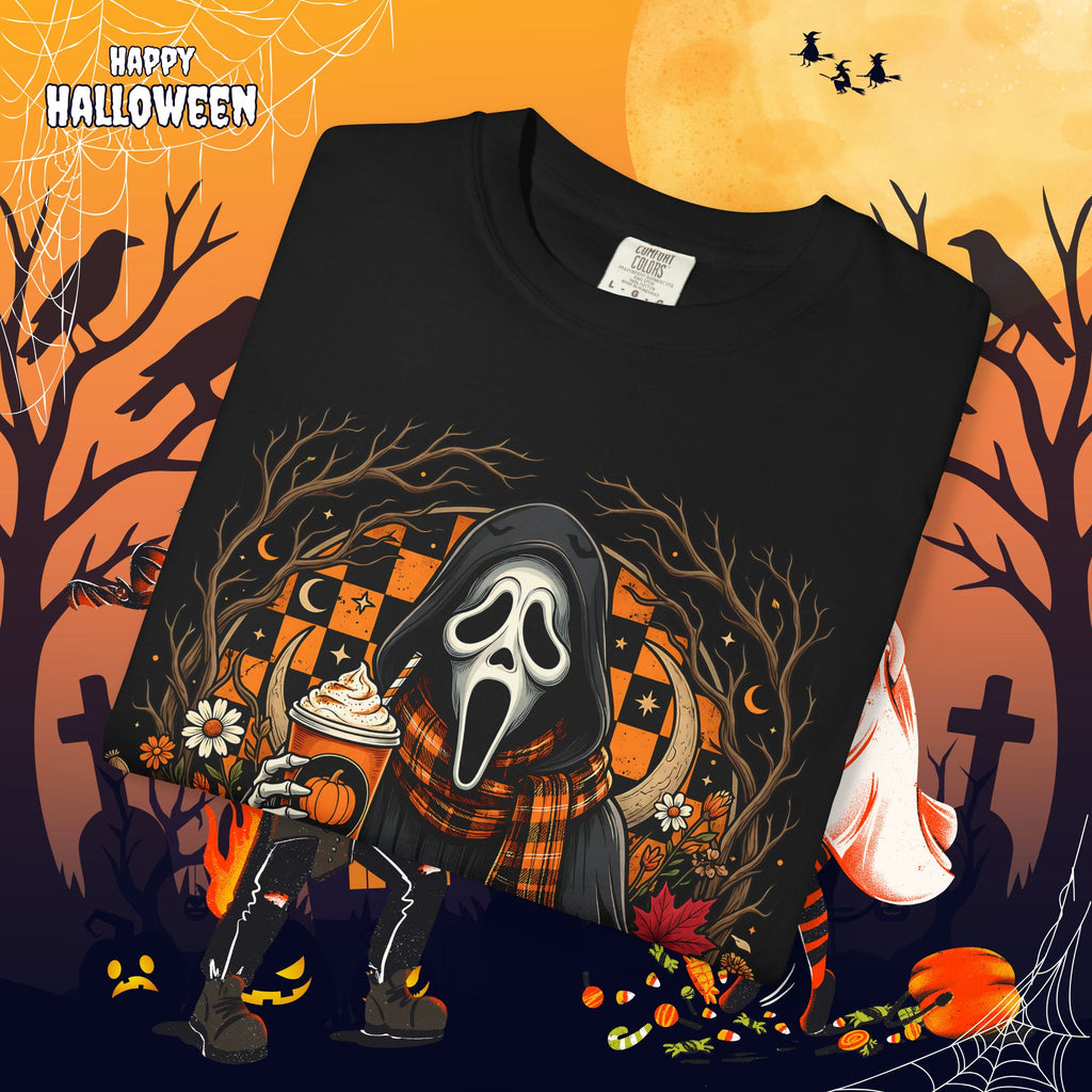 Halloween Ghost Face Pumpkin T-Shirt - Cozy Fall Horror Graphic Tee