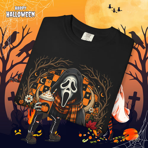 Halloween Ghost Face Pumpkin T-Shirt - Cozy Fall Horror Graphic Tee
