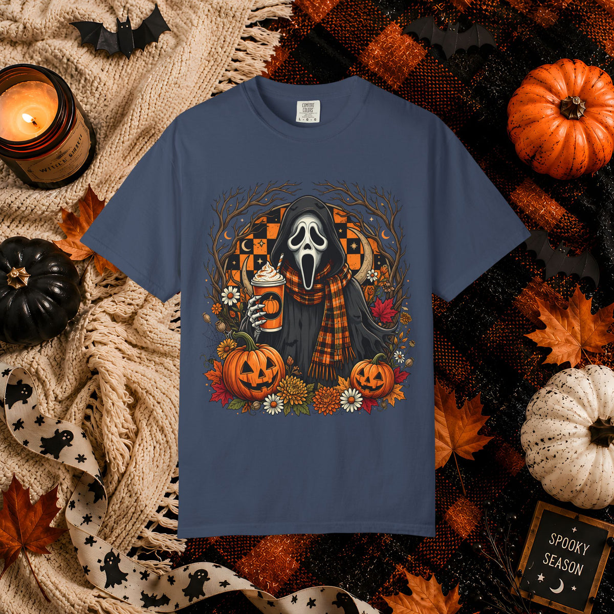Halloween Scream Mask T-Shirt — Pumpkin, Plaid Scarf & Spooky Coffee Graphic
