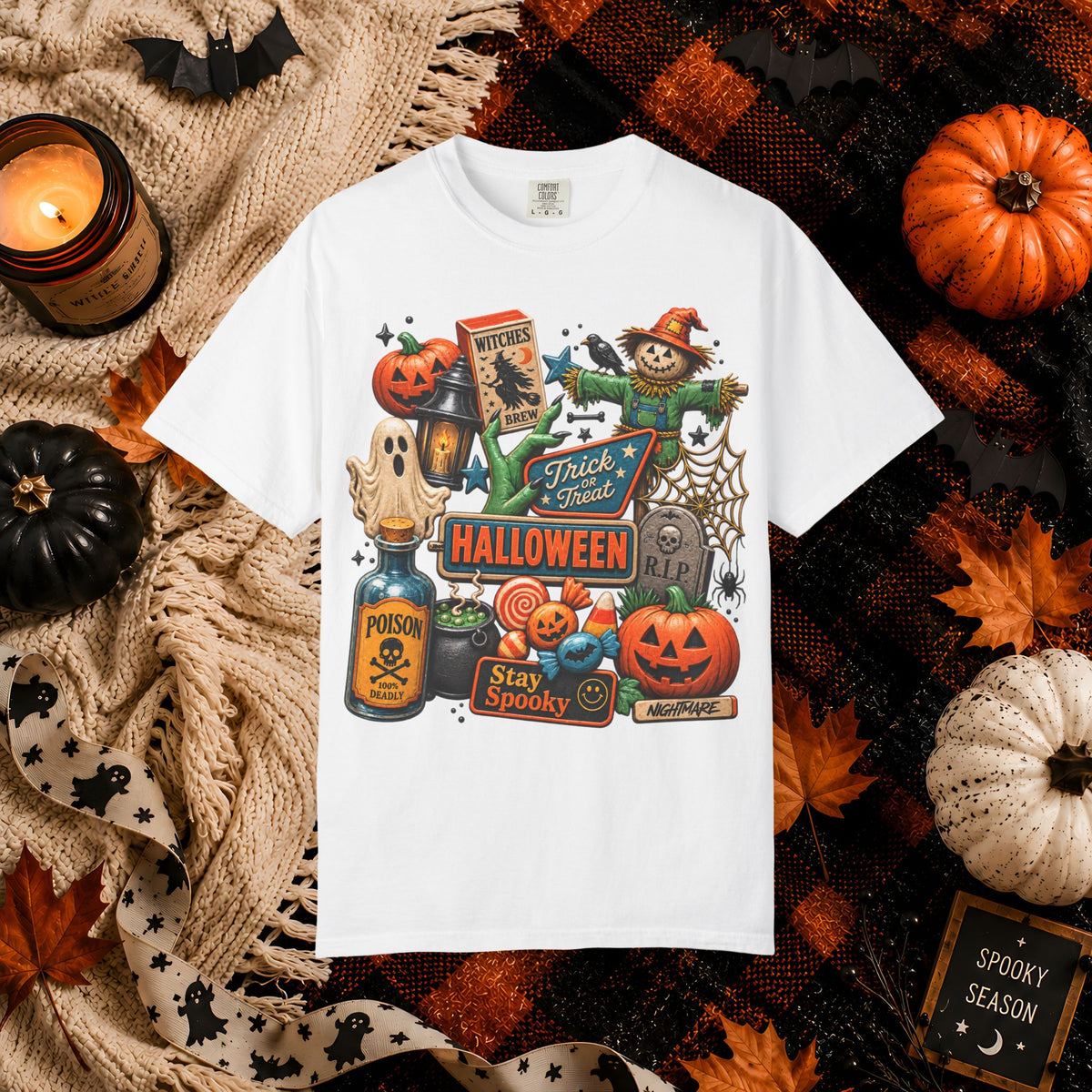 Halloween Collage T-Shirt — Trick or Treat Pumpkins, Scarecrow & Spooky Signs