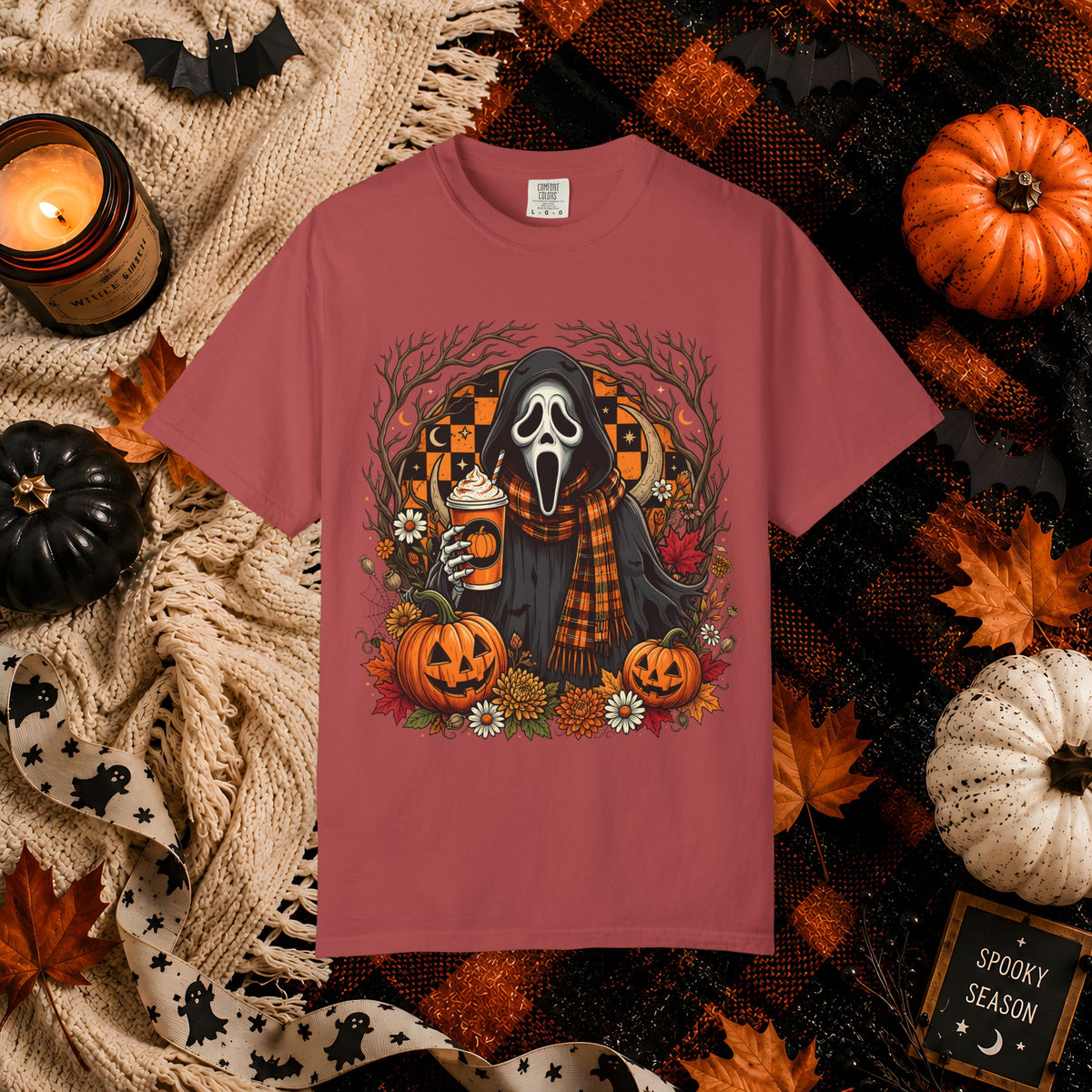 Halloween Scream Mask T-Shirt — Pumpkin, Plaid Scarf & Spooky Coffee Graphic