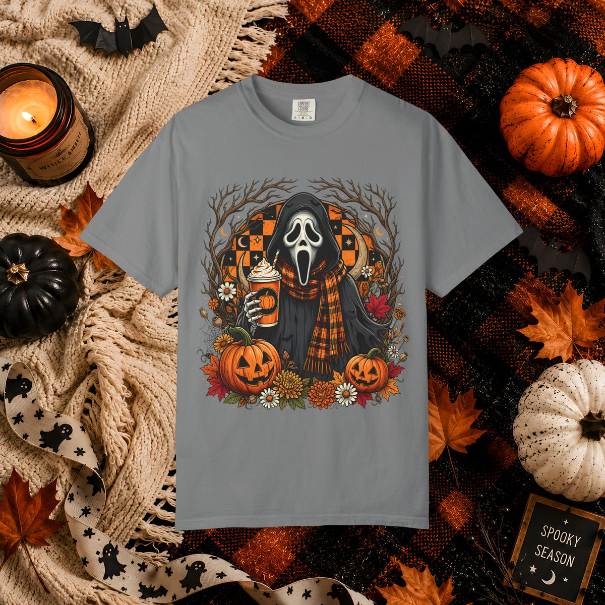 Halloween Scream Mask T-Shirt — Pumpkin, Plaid Scarf & Spooky Coffee Graphic