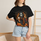 Halloween Scream Mask T-Shirt — Pumpkin, Plaid Scarf & Spooky Coffee Graphic