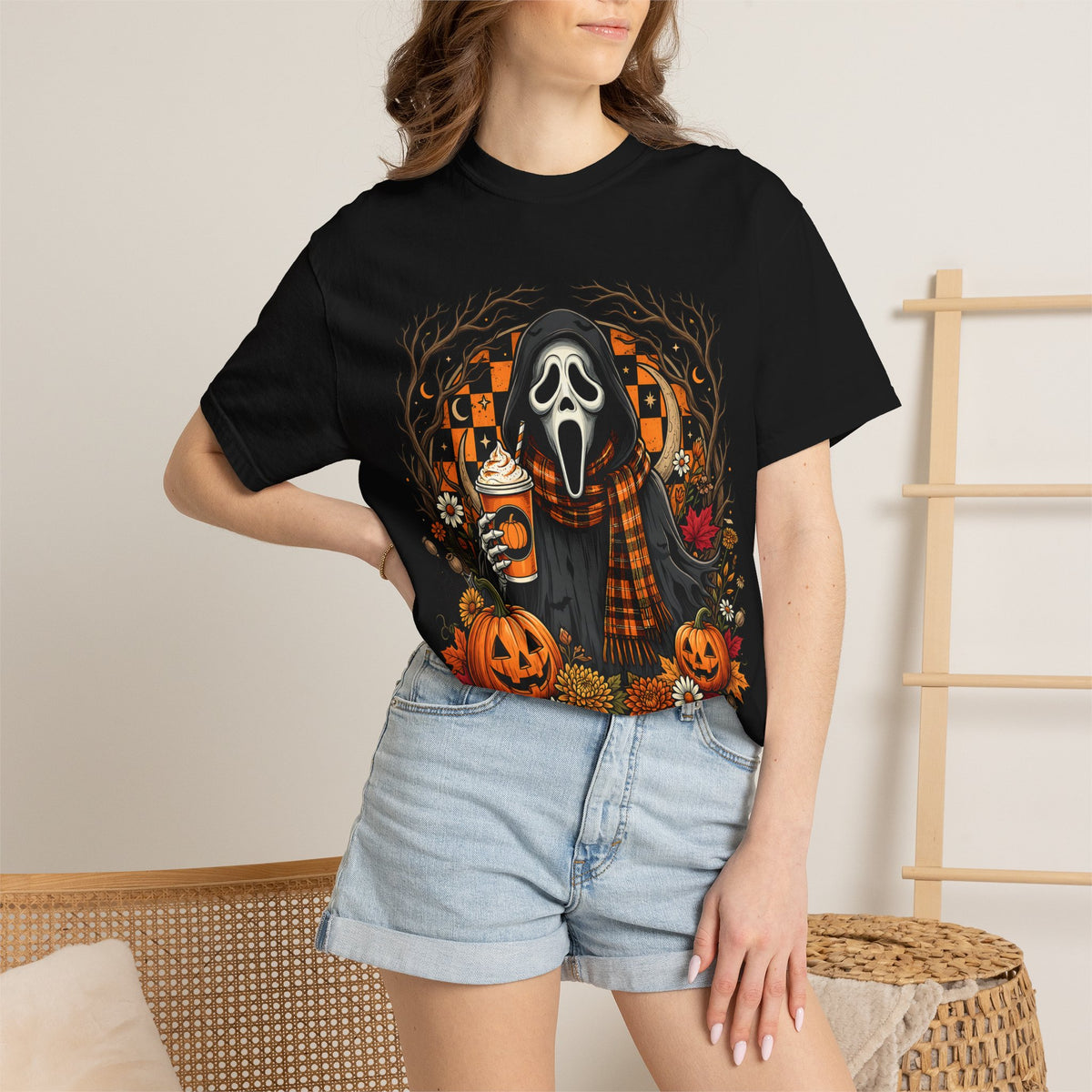 Halloween Scream Mask T-Shirt — Pumpkin, Plaid Scarf & Spooky Coffee Graphic