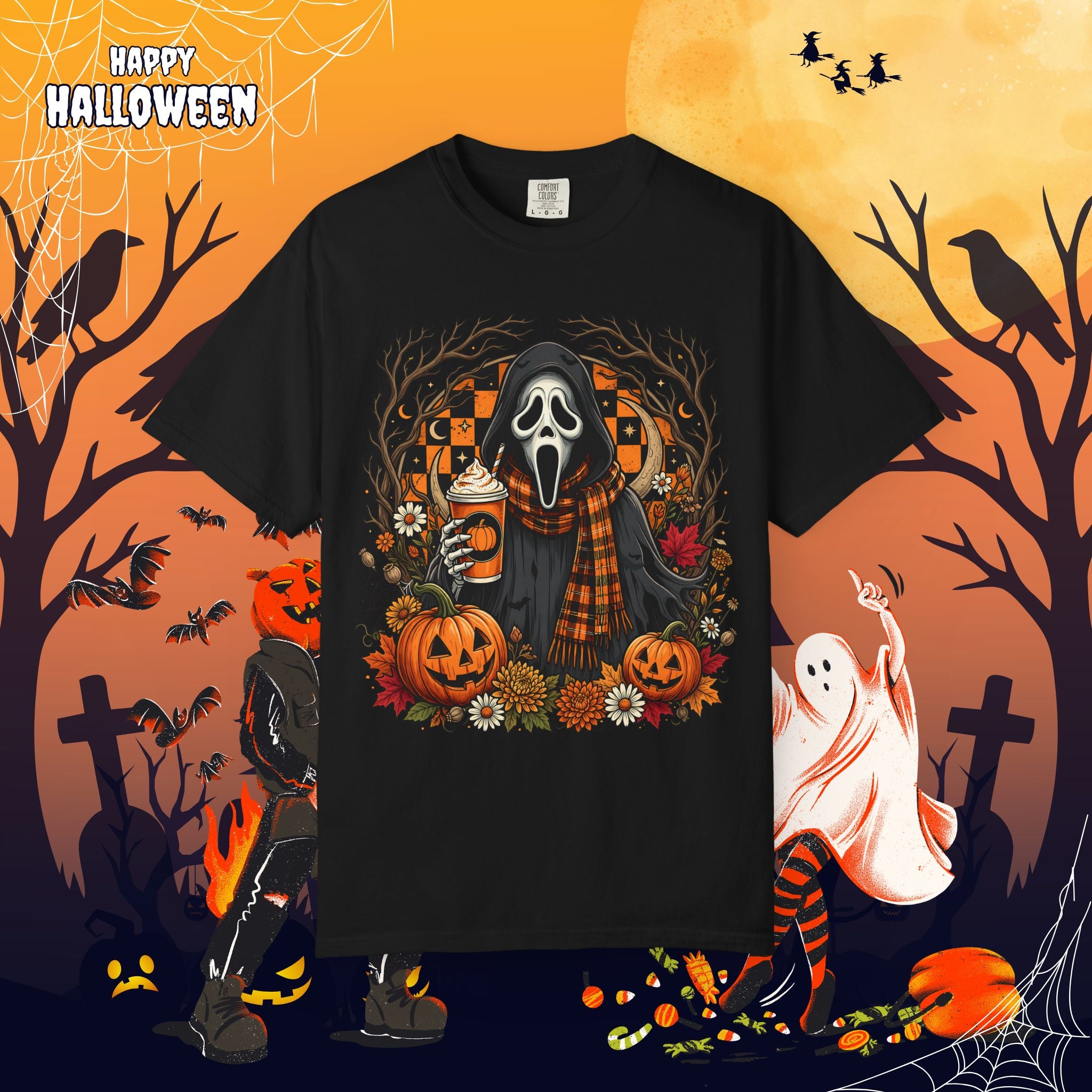 Halloween Ghost Face Pumpkin T-Shirt - Cozy Fall Horror Graphic Tee