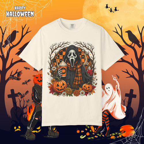Halloween Ghost Face Pumpkin T-Shirt - Cozy Fall Horror Graphic Tee