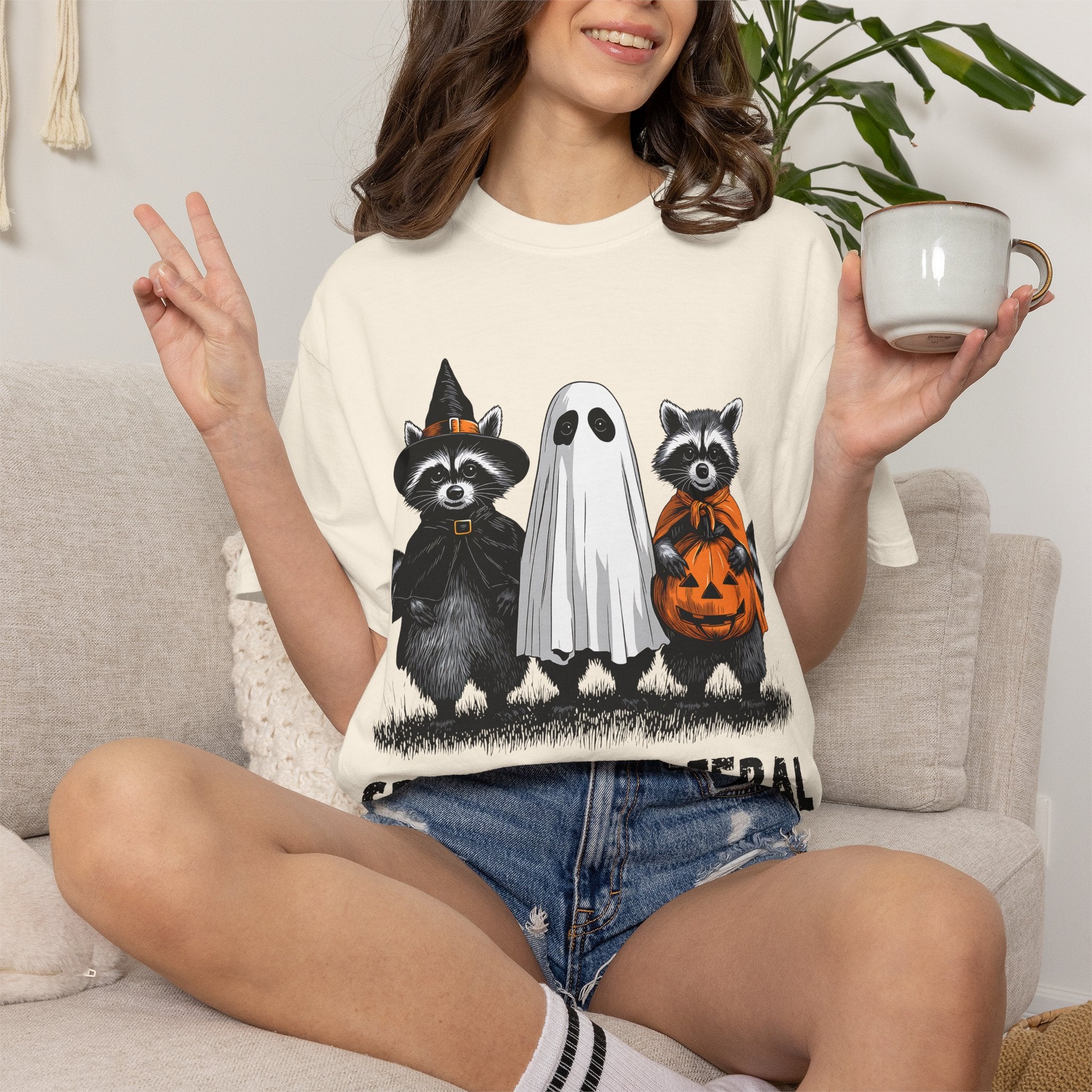 Spooky and Feral Halloween T-Shirt — Raccoon Ghost Pumpkin Costume Tee