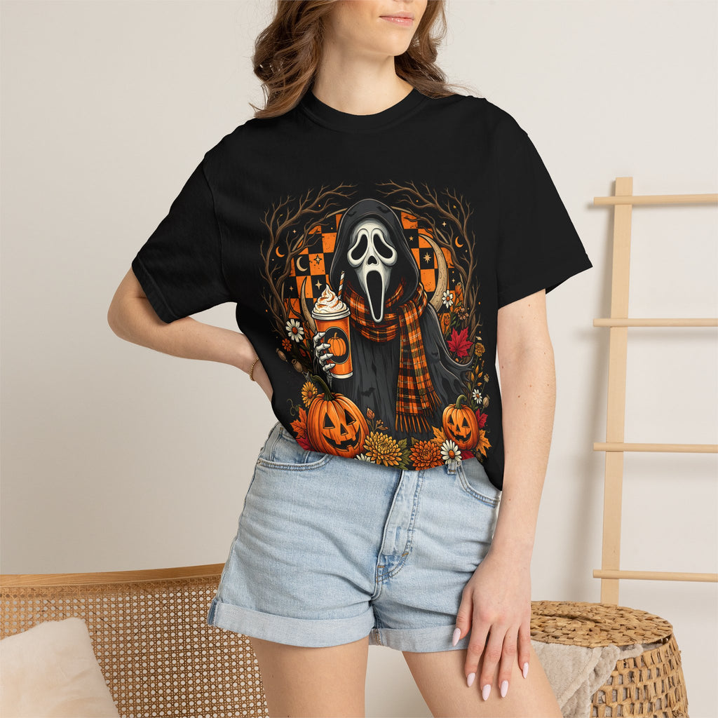 Halloween Ghost Face Pumpkin T-Shirt - Cozy Fall Horror Graphic Tee