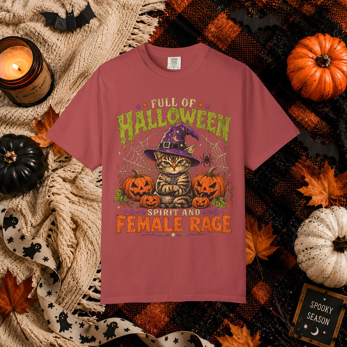 Halloween Cat T-Shirt — "Full of Halloween, Spirit and Female Rage" Pumpkin Witch Tee