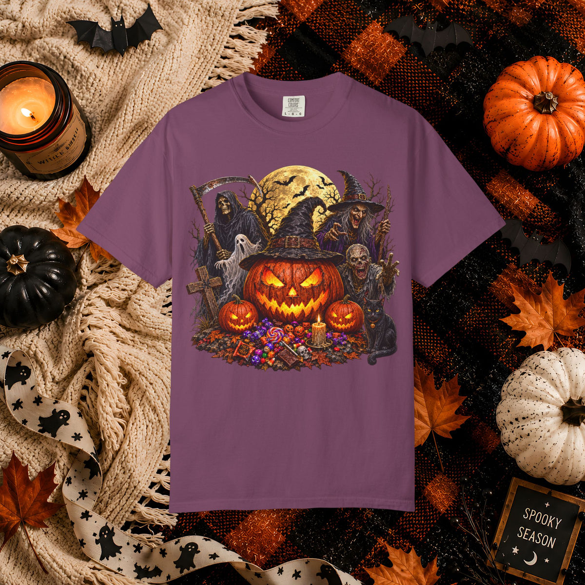 Halloween Pumpkin Horror T-Shirt – Spooky Jack-o'-Lantern & Grim Reaper Design