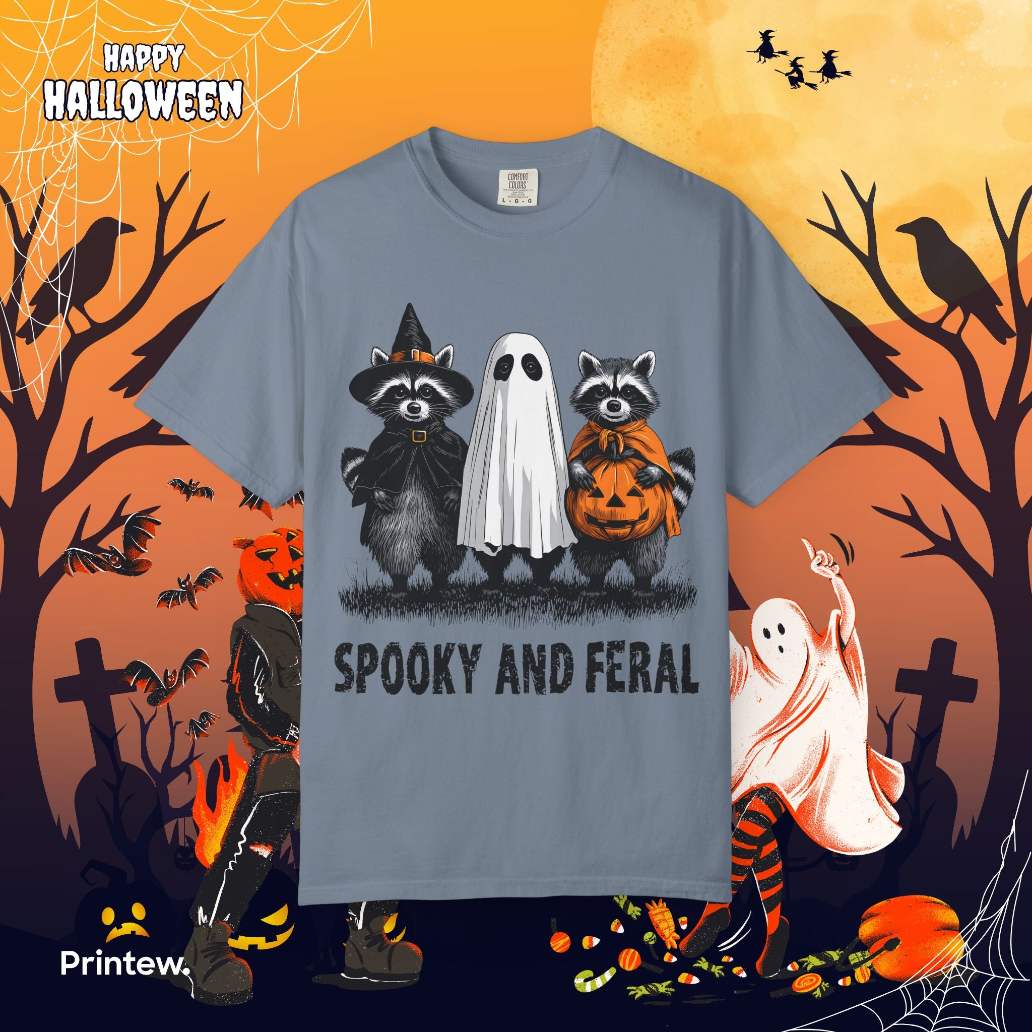 Spooky and Feral Halloween T-Shirt — Raccoon Ghost Pumpkin Costume Tee