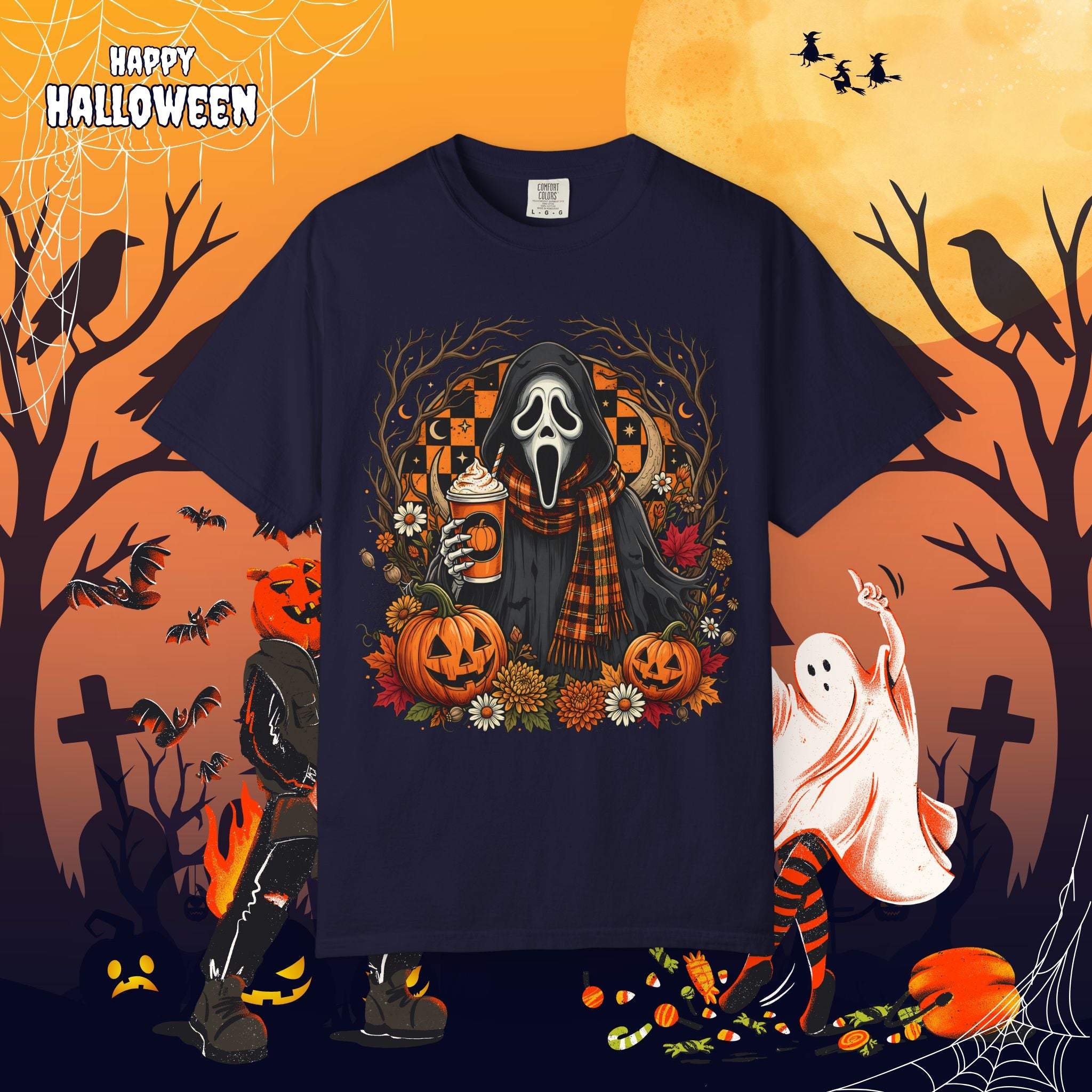 Halloween Ghost Face Pumpkin T-Shirt - Cozy Fall Horror Graphic Tee