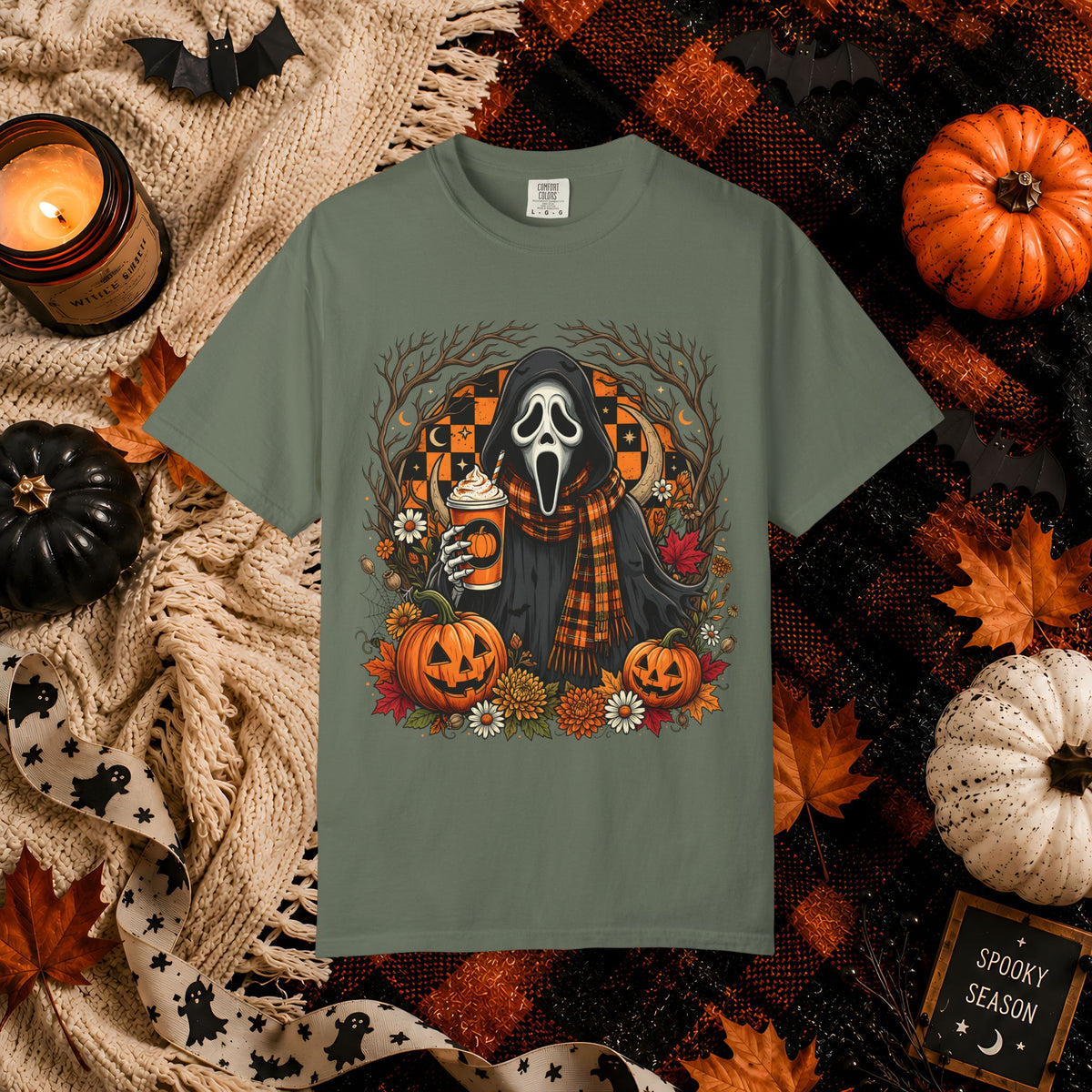 Halloween Scream Mask T-Shirt — Pumpkin, Plaid Scarf & Spooky Coffee Graphic