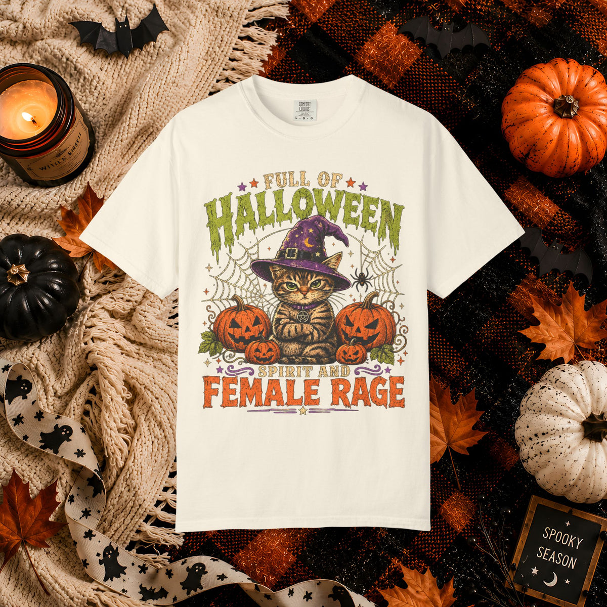 Halloween Cat T-Shirt — "Full of Halloween, Spirit and Female Rage" Pumpkin Witch Tee
