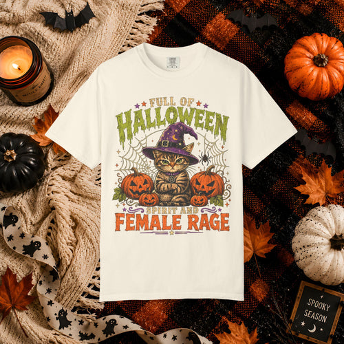 Halloween Cat T-Shirt — "Full of Halloween, Spirit and Female Rage" Pumpkin Witch Tee