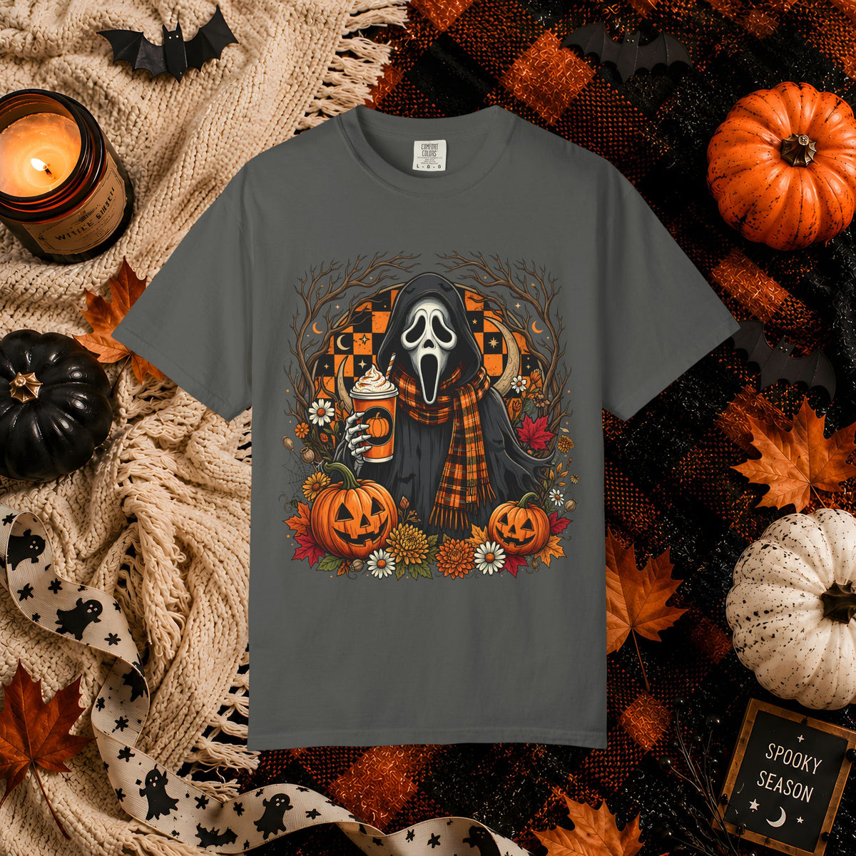 Halloween Scream Mask T-Shirt — Pumpkin, Plaid Scarf & Spooky Coffee Graphic