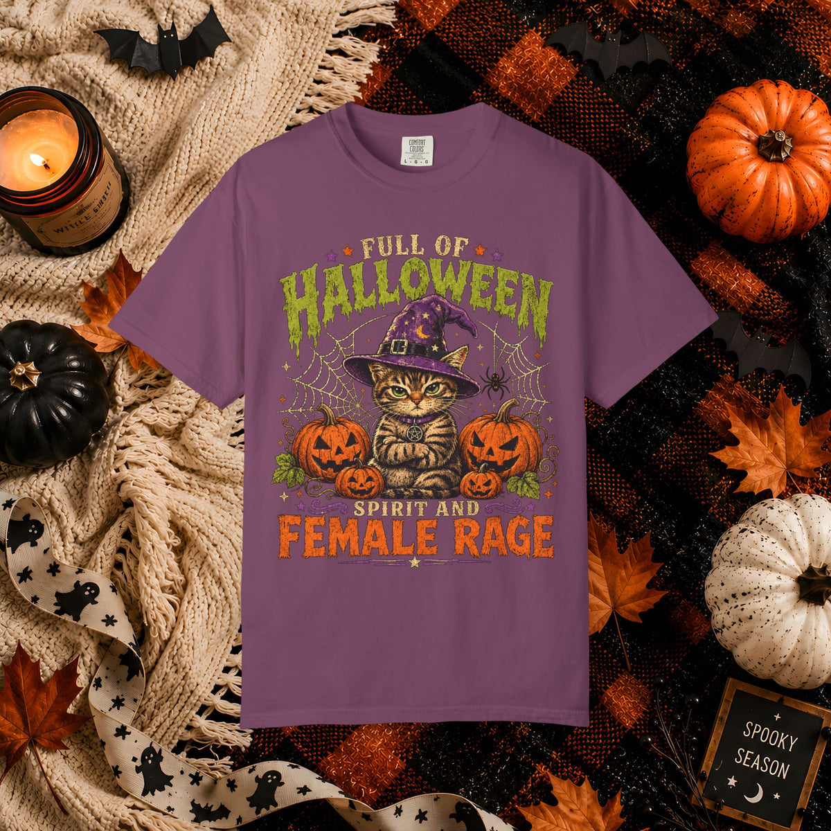 Halloween Cat T-Shirt — "Full of Halloween, Spirit and Female Rage" Pumpkin Witch Tee