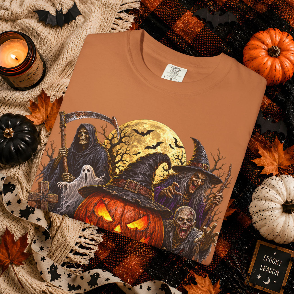 Halloween Pumpkin Horror T-Shirt – Spooky Jack-o'-Lantern & Grim Reaper Design