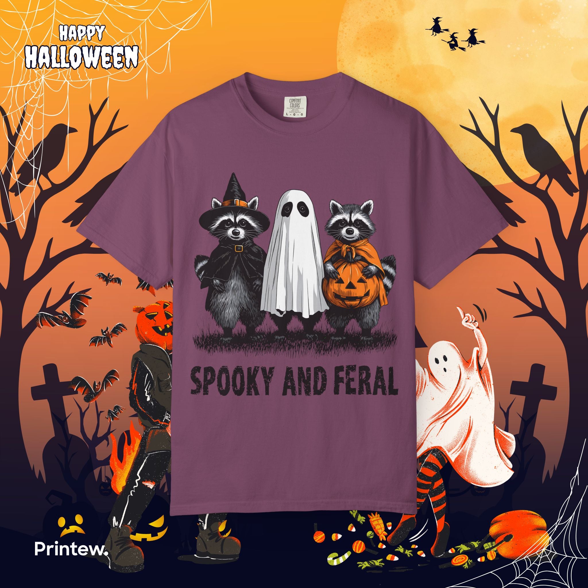 Spooky and Feral Halloween T-Shirt — Raccoon Ghost Pumpkin Costume Tee