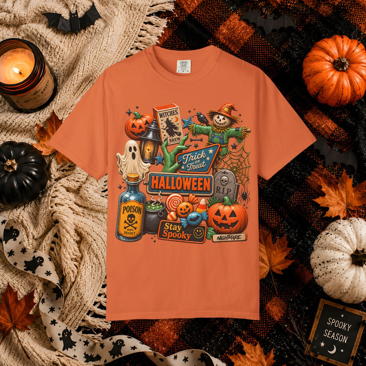 Halloween Collage T-Shirt — Trick or Treat Pumpkins, Scarecrow & Spooky Signs