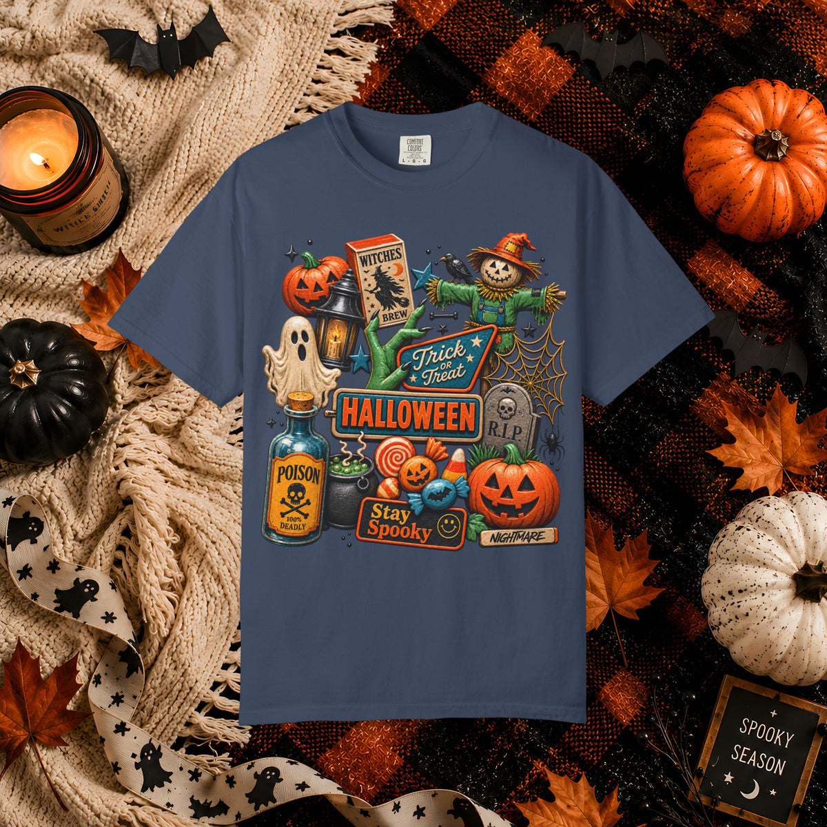 Halloween Collage T-Shirt — Trick or Treat Pumpkins, Scarecrow & Spooky Signs