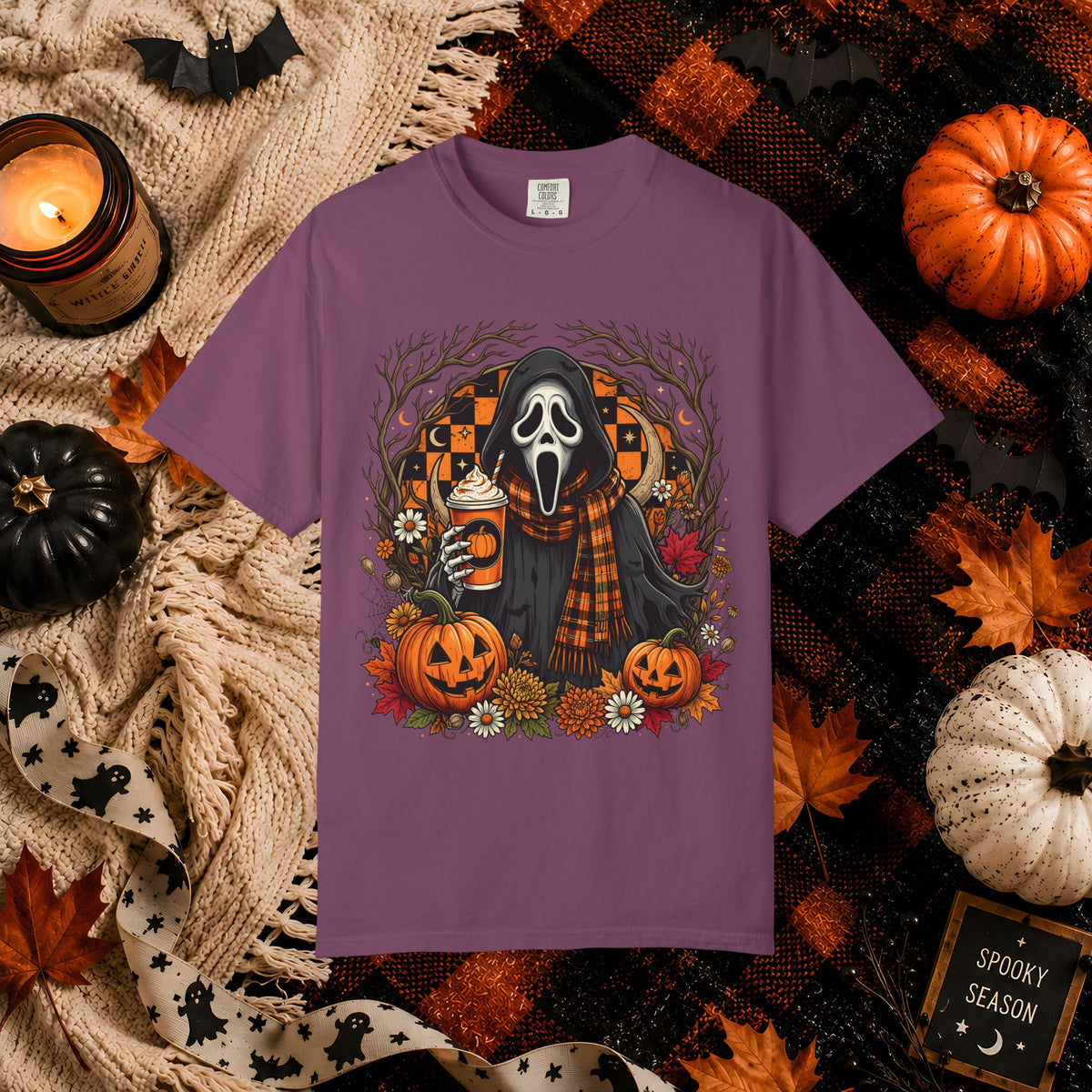 Halloween Scream Mask T-Shirt — Pumpkin, Plaid Scarf & Spooky Coffee Graphic