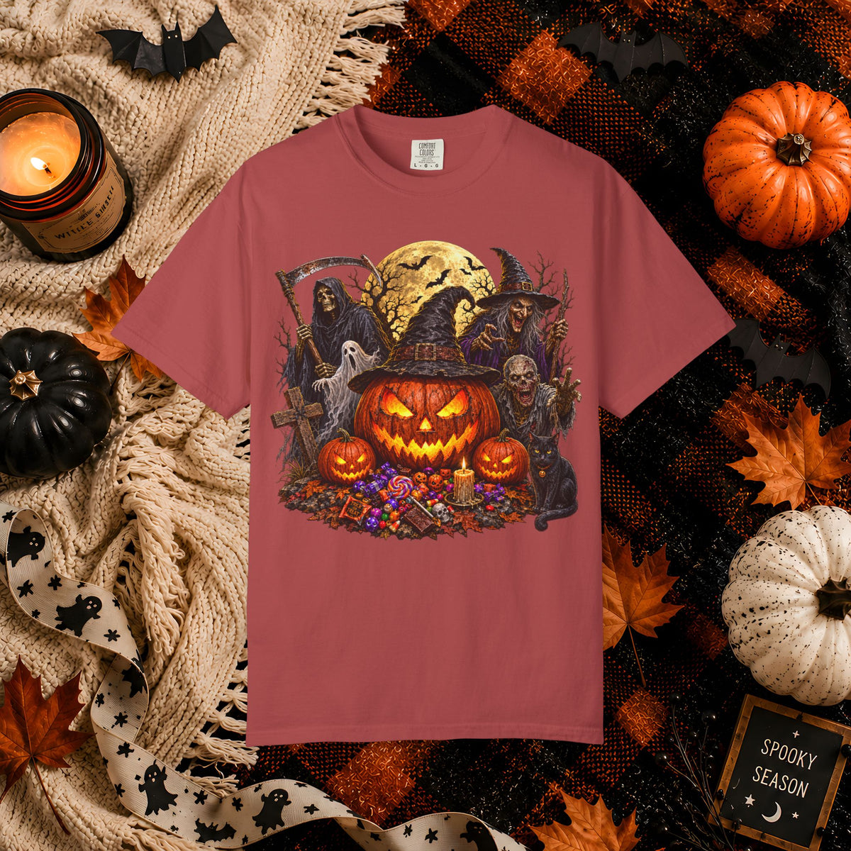 Halloween Pumpkin Horror T-Shirt – Spooky Jack-o'-Lantern & Grim Reaper Design