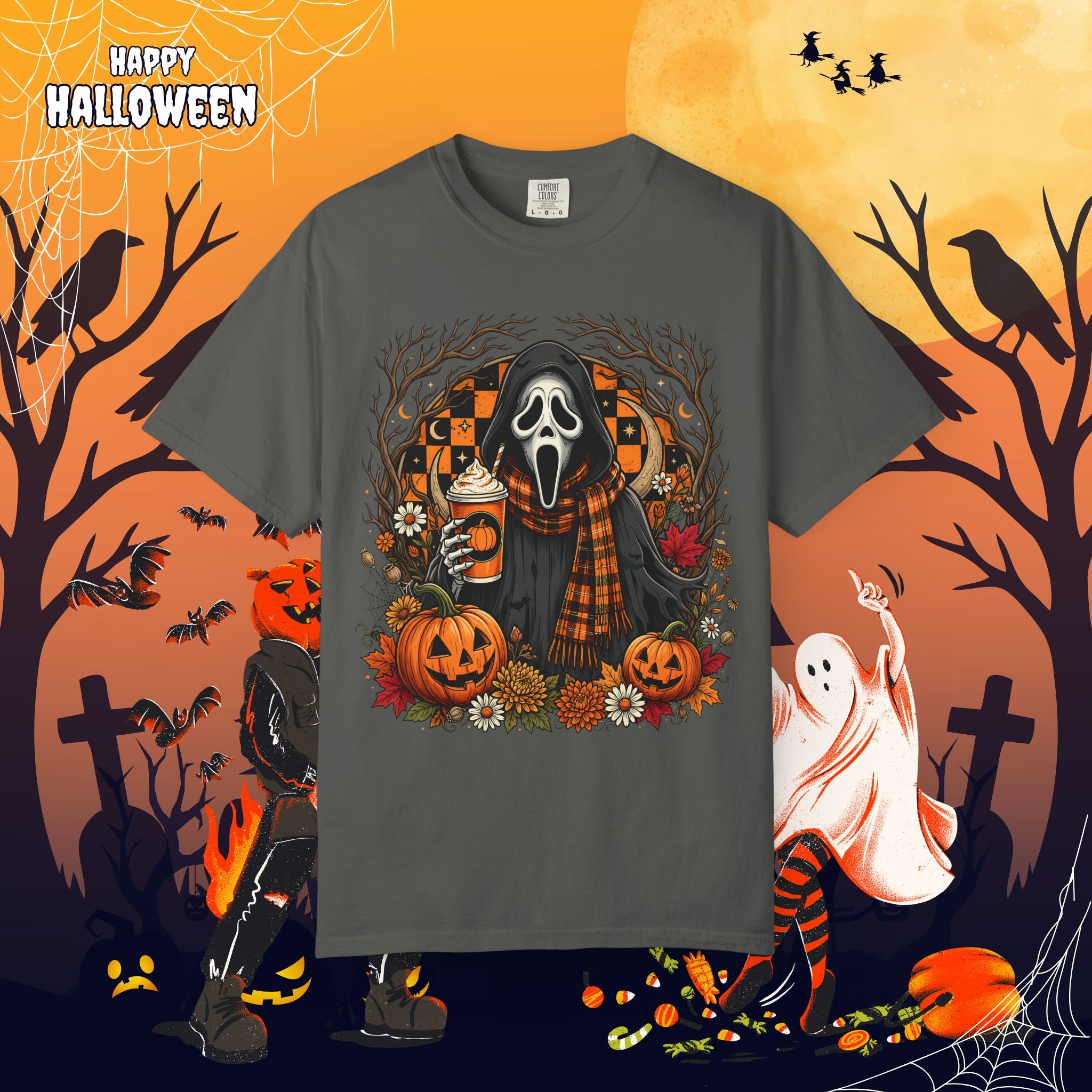 Halloween Ghost Face Pumpkin T-Shirt - Cozy Fall Horror Graphic Tee