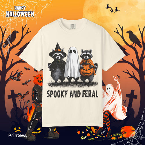 Spooky and Feral Halloween T-Shirt — Raccoon Ghost Pumpkin Costume Tee