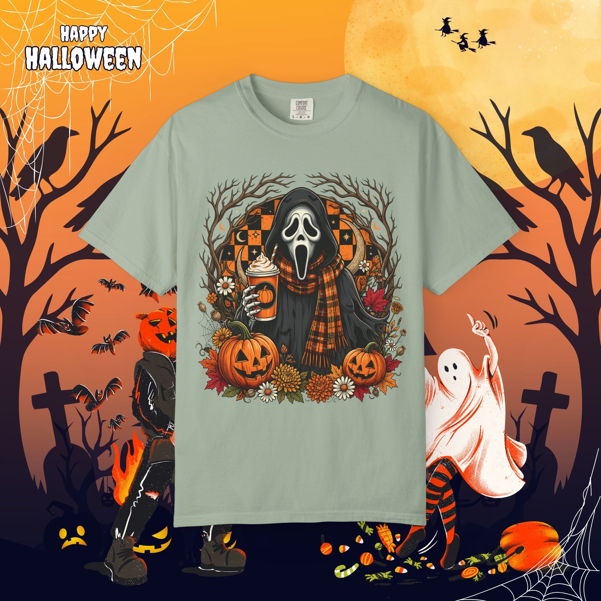 Halloween Ghost Face Pumpkin T-Shirt - Cozy Fall Horror Graphic Tee