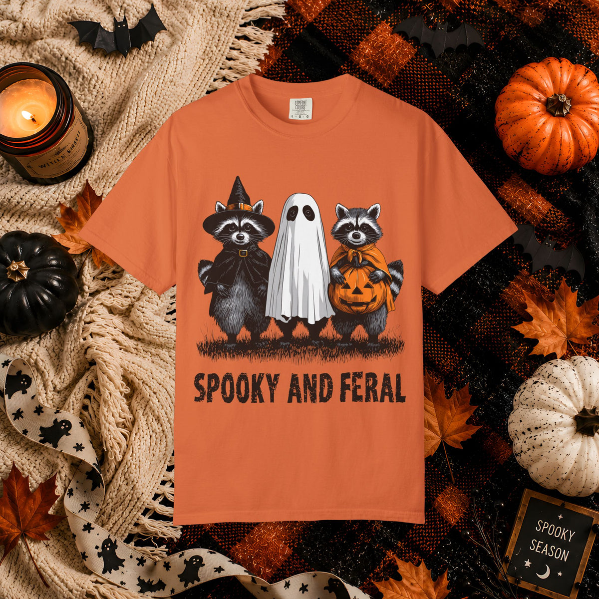 Spooky and Feral Halloween T-Shirt — Raccoon Ghost Pumpkin Costume Tee